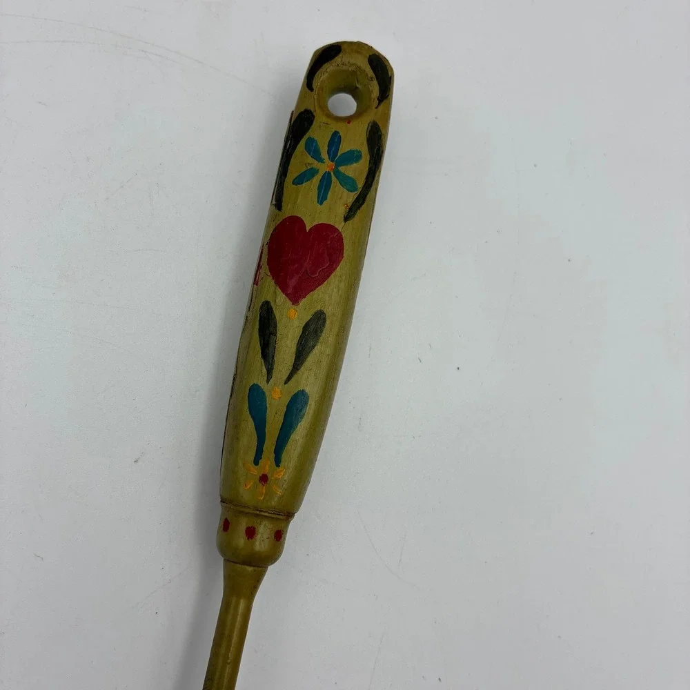 Vintage Hand Painted Folk Art Metal Spoon Blue Bird Hearts Toleware 12 Inch